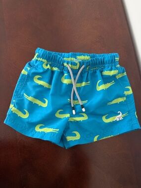 Kids' Turquoise Alligator Print Swim Trunks with Drawstring
